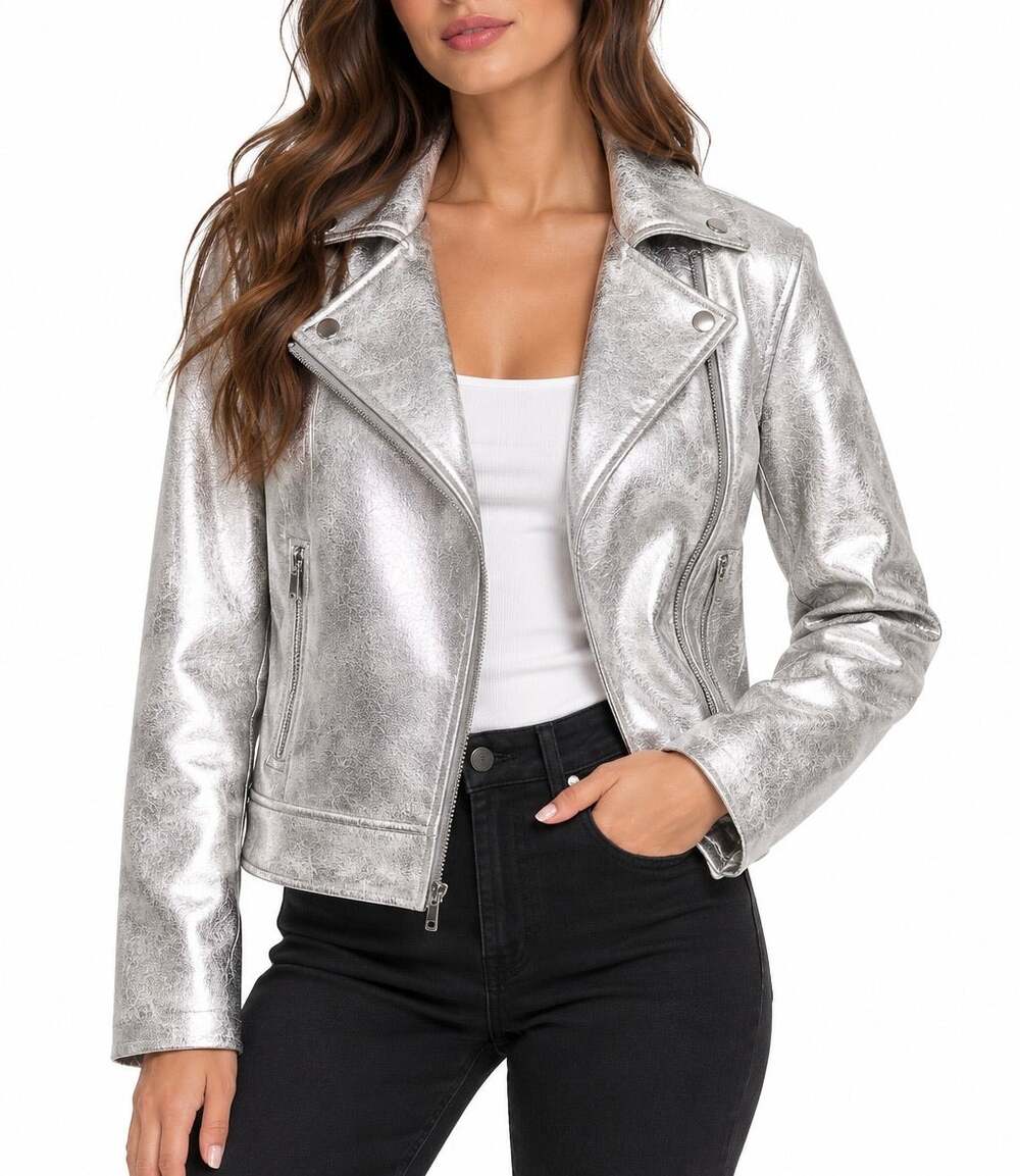 NWT Cavalini Originals Silver Metallic Vegan Leather Moto Jacket Size Medium